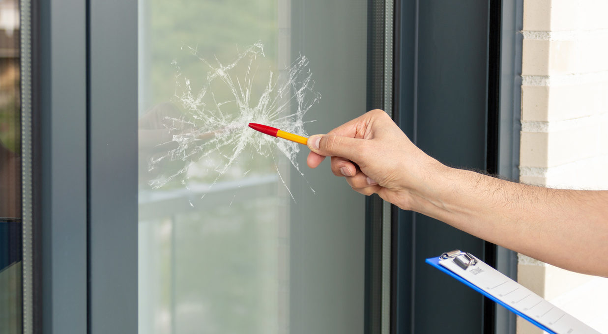 Close-up of a man's hand checking to repair glass in a house for a window accident